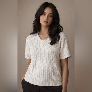 Short Sleeve White Cable Sweater